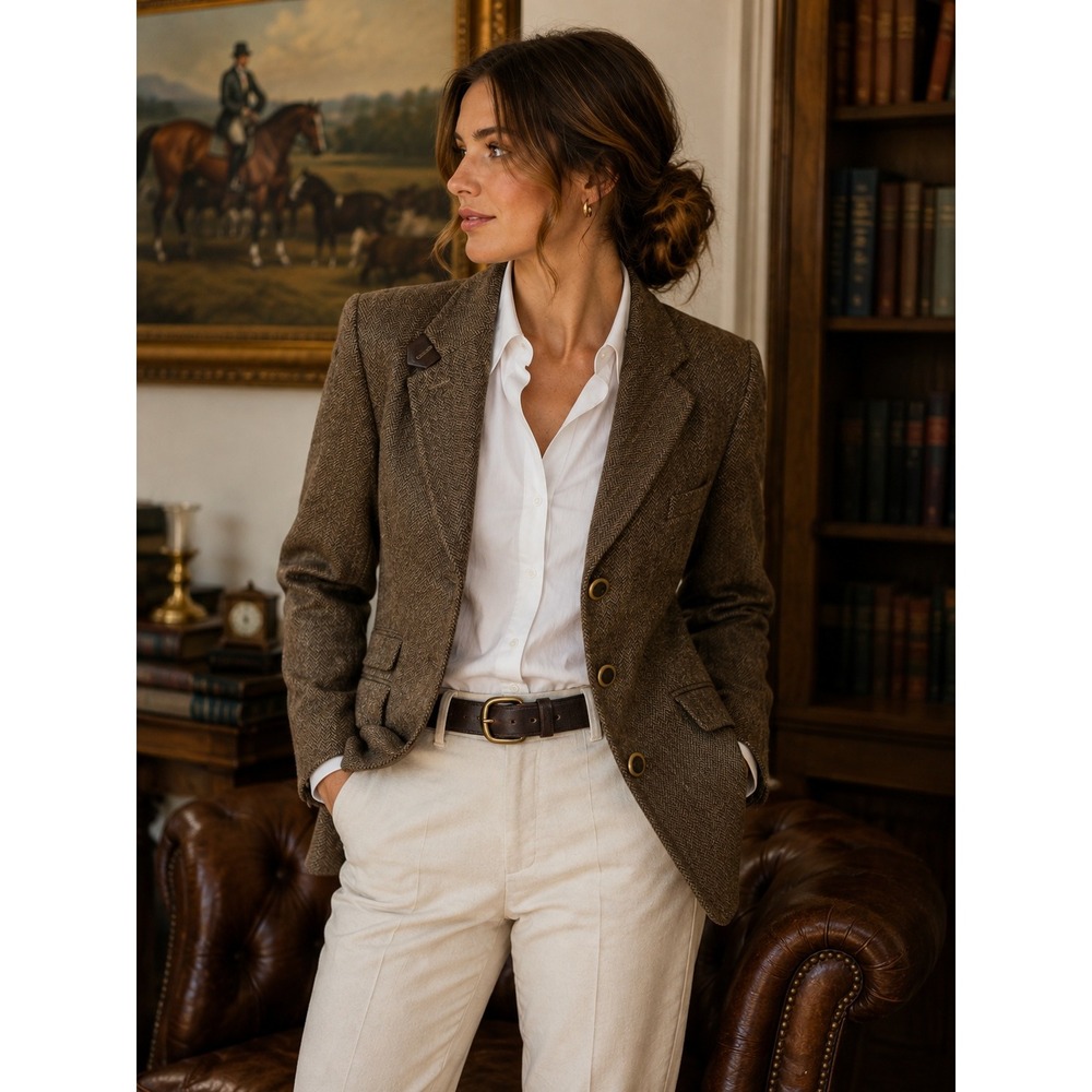 Jones New York Country Brown Herringbone Wool Alpaca Blazer Leather Trim 12